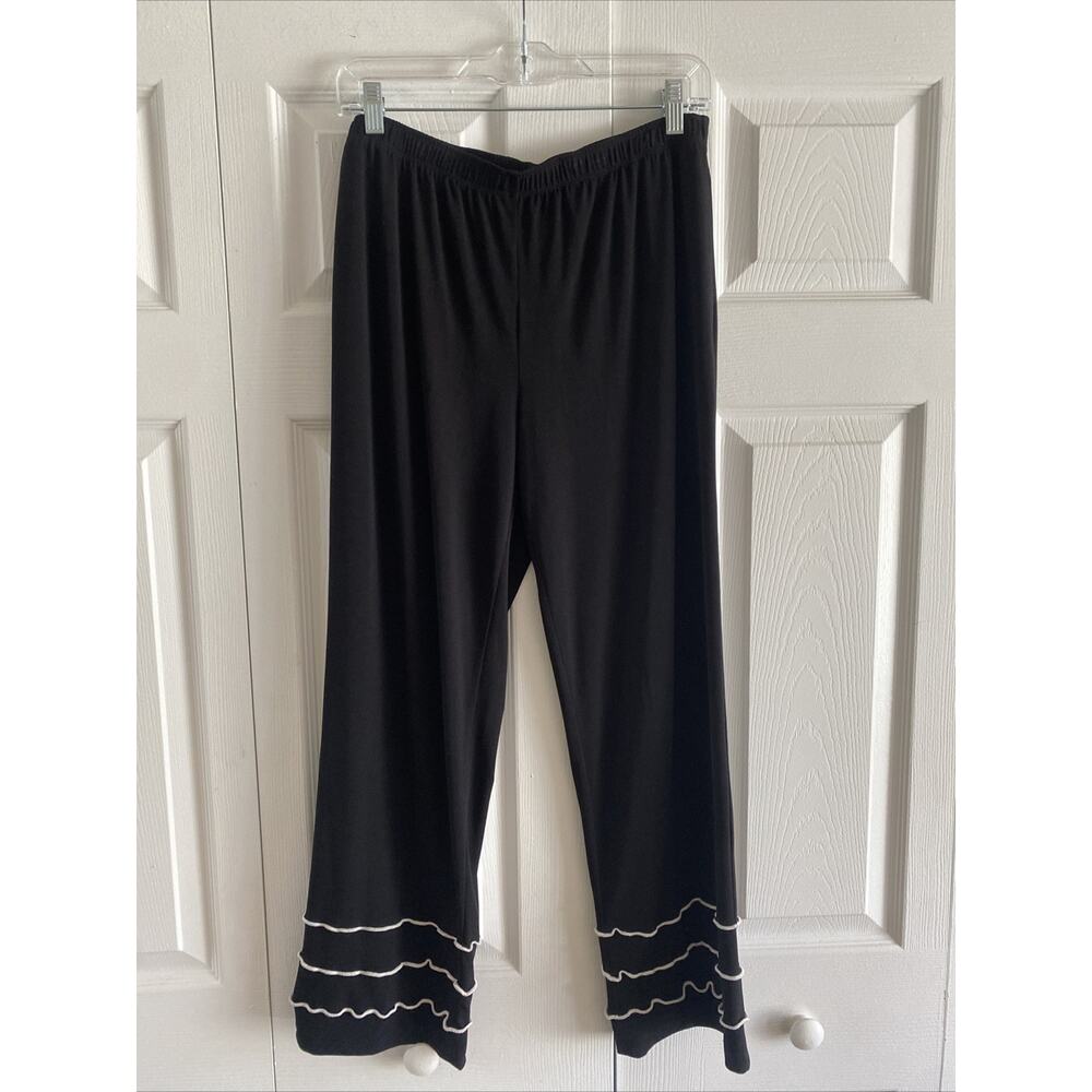 IC Connie K Womens Medium Black Pull On Elastic Waist Ruffle Hem White Piping‎